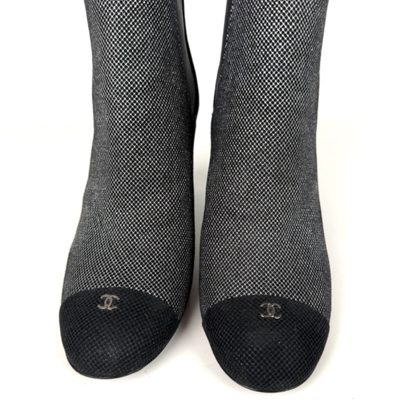 Authentic CHANEL Black Silver Tweed CC Logo Ankle Booties Boots 40 9.5 - Picture 4 of 13